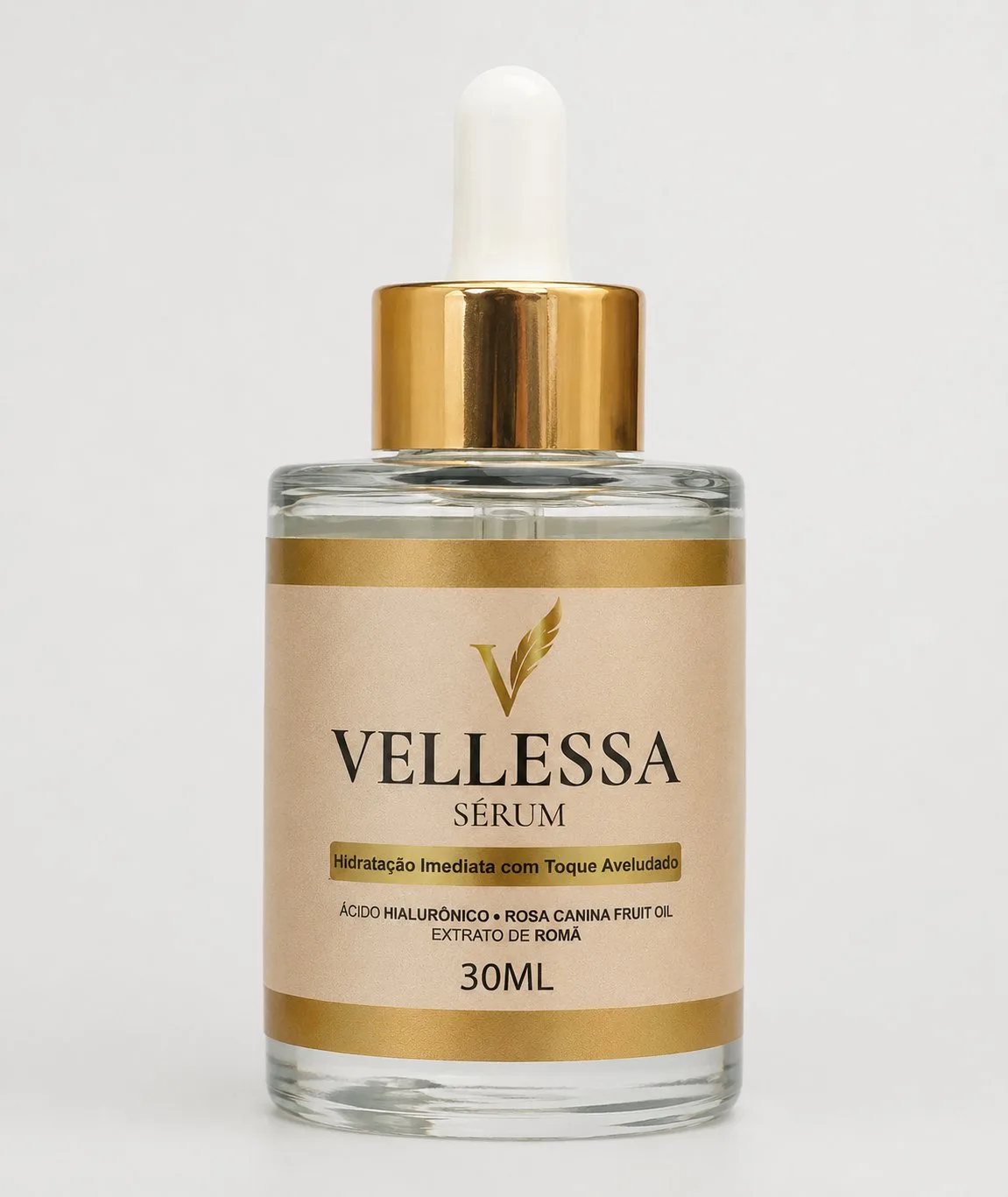 Frasco oficial do Vellessa Sérum com conta-gotas dourado